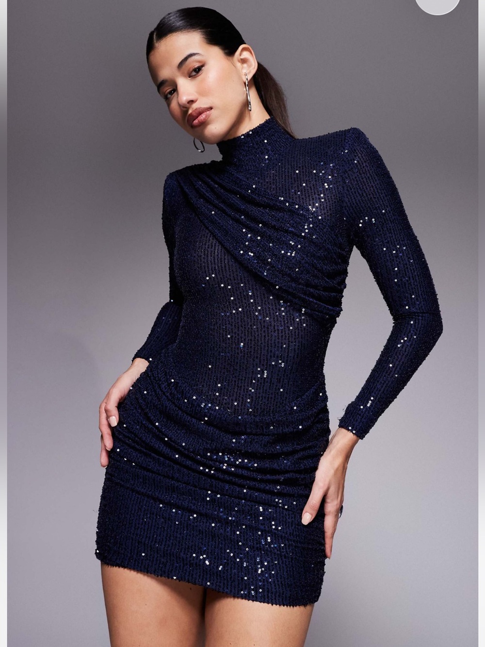 Ruched & Ready Women's Navy Sequin Long Sleeve Ruched Dress drape